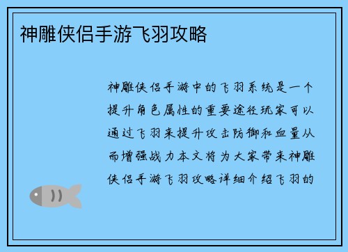神雕侠侣手游飞羽攻略